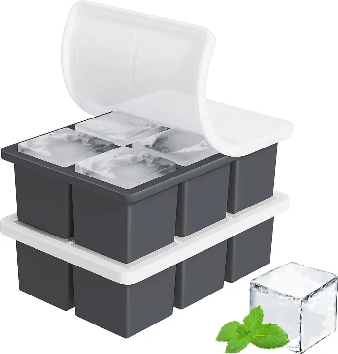 Large Silicone Whiskey Ice Cube Trays with Lids — 2-Pack (2" Cubes)