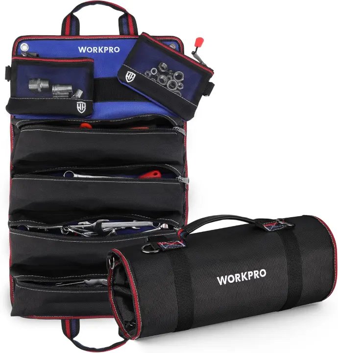 Roll-Up Tool Organizer with 4 Zipper Pockets & 2 Detachable Pouches